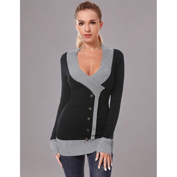 Women V Neck Faux Wrap Sweater Tunic Top Black Gray XS Viscose Nylon - Picture 5 of 5